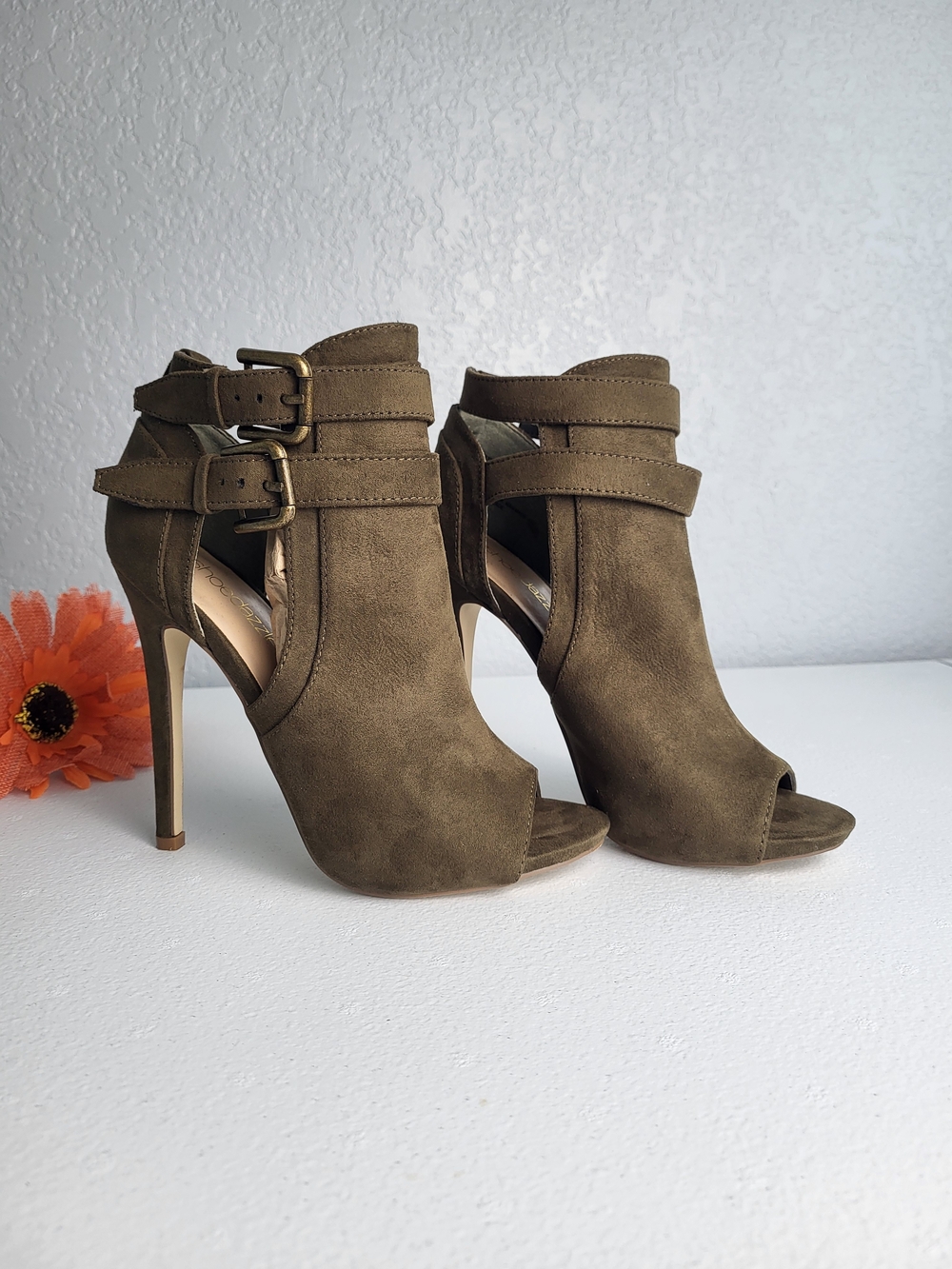 Shoe Dazzle Olive Suede Peep-Toe Buckle Ankle Booties
